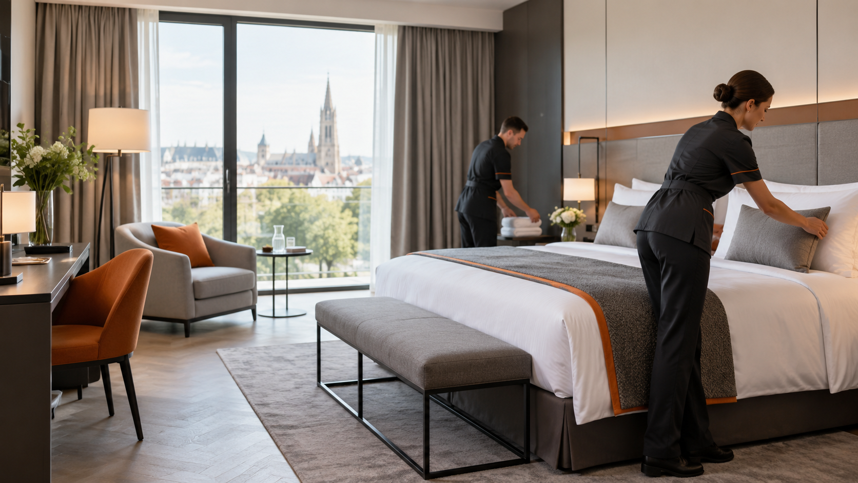 Professional hotel housekeeping team preparing a modern guest room